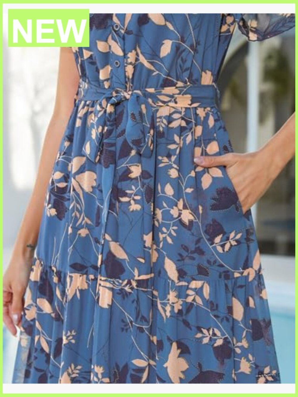 Women's Floral Maxi Dress with Pockets - Short Sleeve V-Neck A-Line Wedding - Picture 5 of 7